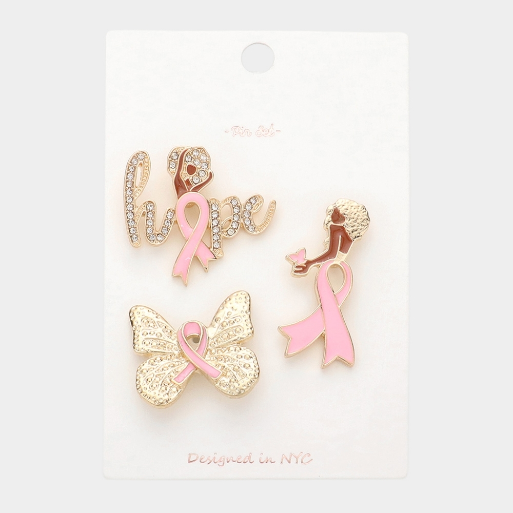 Pink Ribbon Brooch Rhinestone Bow Cancer Pin Butterfly Hope Mini Accessory Set 3 - Picture 1 of 3